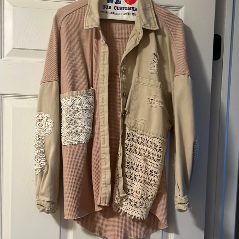 Beige and Pink Women's Jacket with Lace Accents